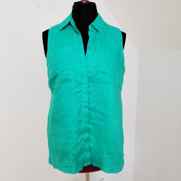 Chico's Green Sleeveless 100% Linen Button Front Blouse Medium Petite - Picture 3 of 11